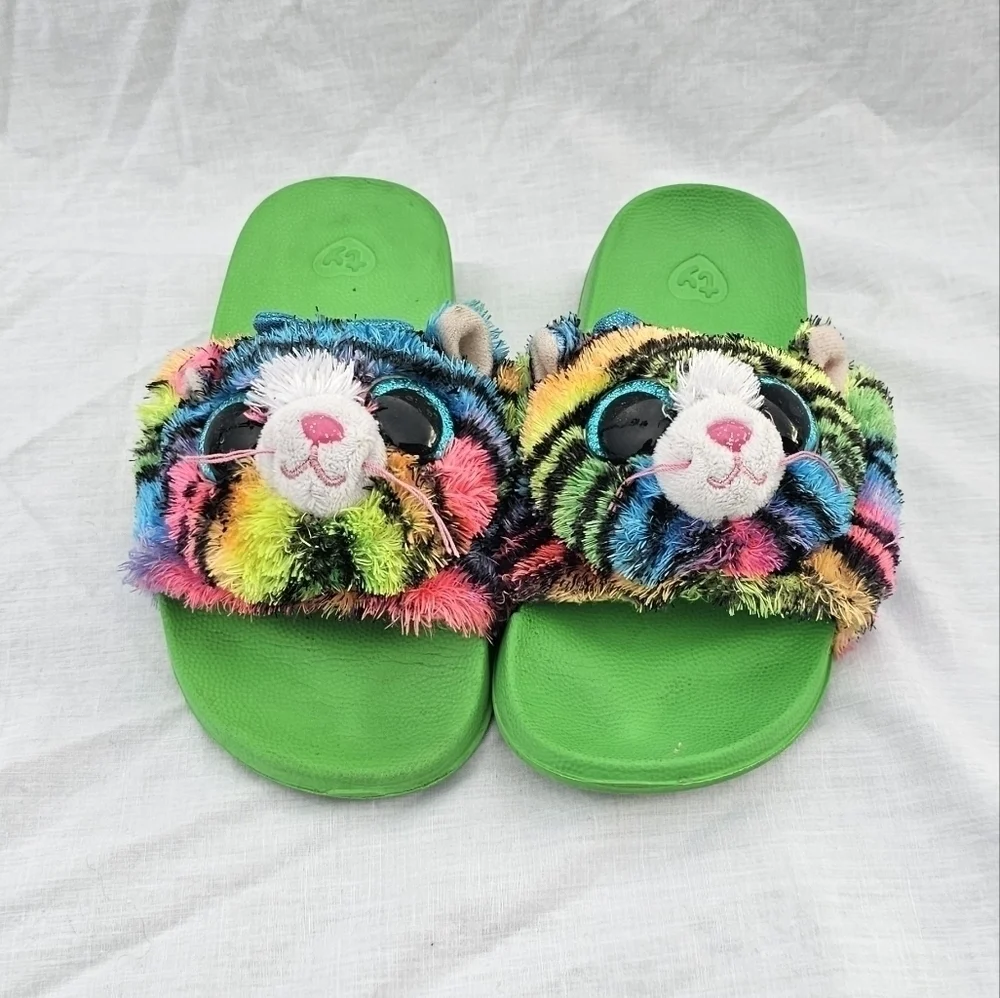 Ty - Fashion Slipper Slides - size 11-13 green and multicolored cat Tigerly-